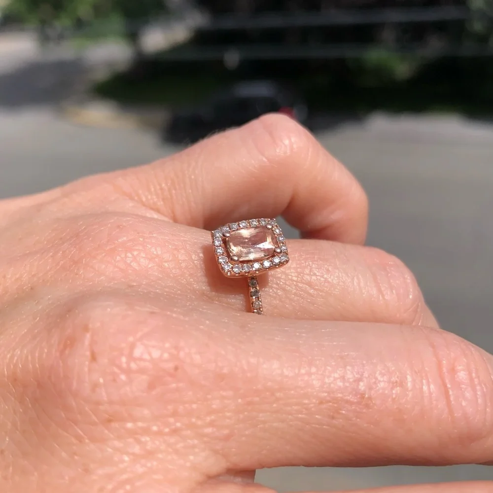 14k rose gold, diamond and emerald cut peach sapphire engagement ring - Picture 3 of 16